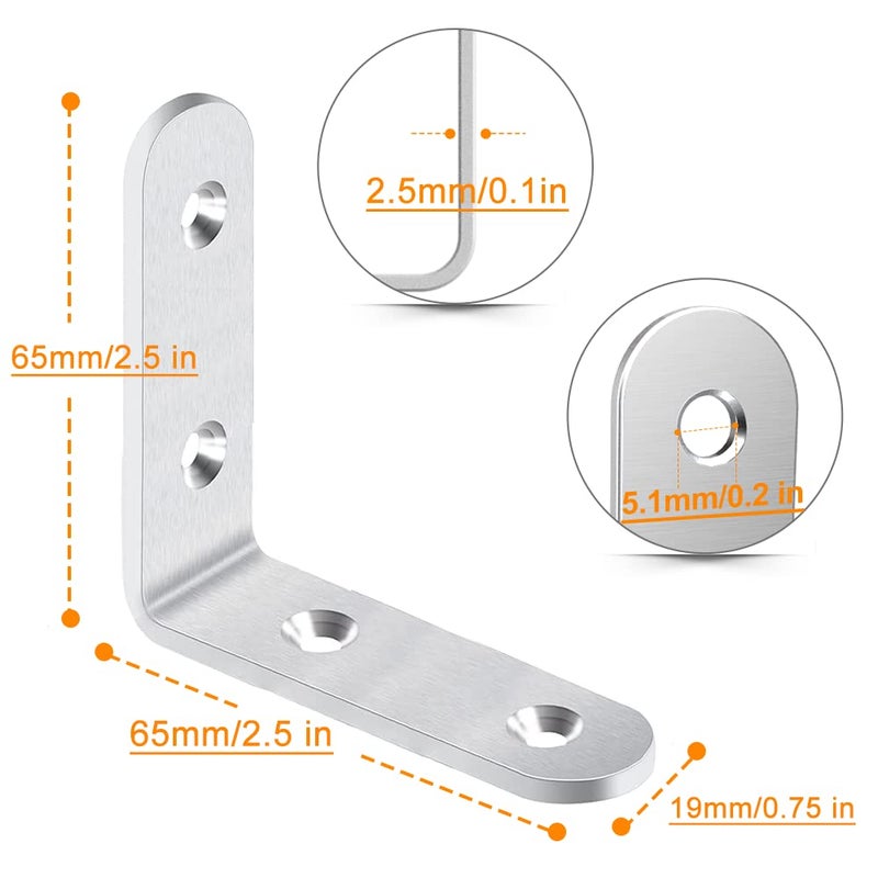 LuckIn 20-Pack Corner Brace 2.5" x 2.5", Heavy Duty Brushed Stainless Steel Thick L Brackets, Joint Right Angle Brackets with Screws for Wood Tables, Dressers, Chairs and Shelves - Image 2